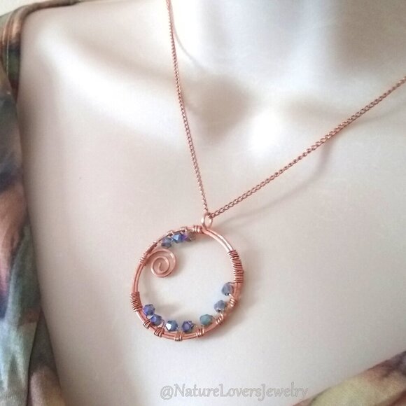 Handmade & Wire Wrapped! Bohemian Crystal Studded Copper Circle Pendant + Chain! - Picture 3 of 10